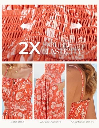 GRACE KARIN 2026 Women's Hawaiian Midi Sundress Summer Vacation Spaghetti Floral Clothes Boho Casual Dresses with Pockets Orange Floral XL - Thumbnail 4