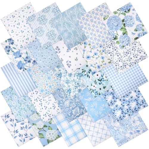 25 Pcs Blue Quilting Fabric Scraps, 10''x10'' Blue Cotton Fabric Squares Vintage Precut Quilt Kits Include Floral Stripes Printed Pattern for DIY Craft Supplies