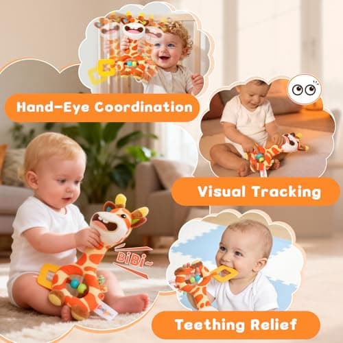 Baby Toy 0-12 Months - BPA-Free Soft Plush Sensory Toy with Gentle Squeaker, Safe Hand Grip & Teething Relief, Portable Newborn Toy for Diaper Bag, Baby Shower Gift (Orange Giraffe) - Thumbnail 2