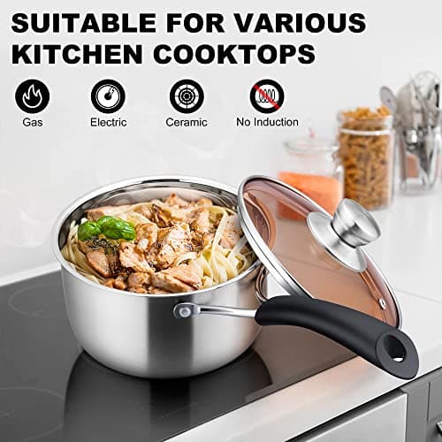 LIANYU Saucepan with Lid, 1 Quart and 2 Quart Stainless Steel Saucepan, Small Pot Milk Soup Pan for Home Kitchen Restaurant, Long Heatproof Handle, Dishwasher Safe - Thumbnail 6