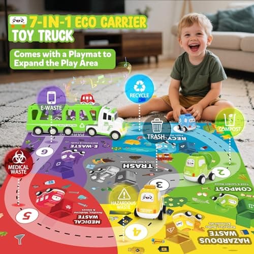7-in-1 Toddler Truck Toys for 2 3 4 5 Year Old Boys - 17" Longer Transport Eco Carrier Truck with 6 Cute Pull Back Cars and Playmat, with Light & Sound, Christmas Birthday Gifts for Kids 2-5, Grey - Thumbnail 2