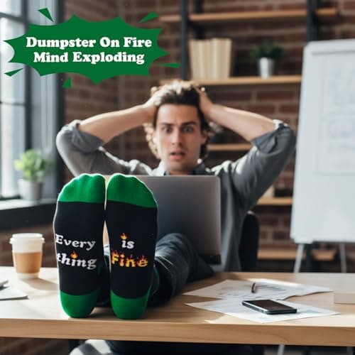 COZYMATE Funny Dumpster Fire Crew Socks for Men Novelty Socks for Cowokers Boss Office Gag Gifts (US, Alpha, One Size, Regular, Regular, Green&Black) - Thumbnail 4