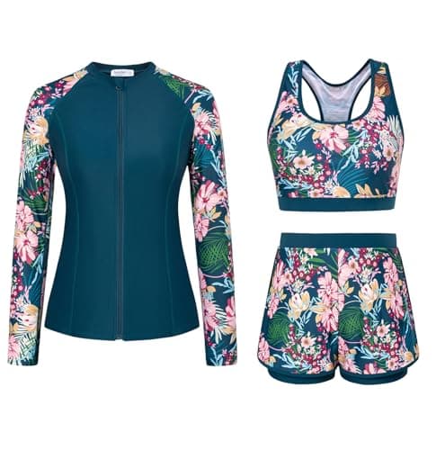 JASAMBAC Plus Size Rash Guard Swimsuit Women, 3 Piece Swimsuits Bathing Suit Long Sleeve, Full Coverage Swimming Suits with Swim Shirt - Image 1
