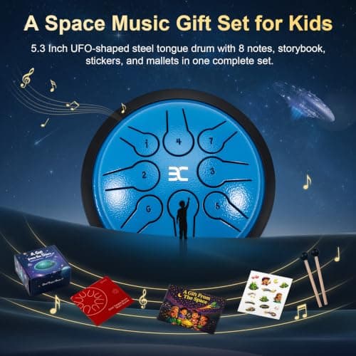 EX Steel Tongue Drum UFO Shape Design, Space Story Gift Set with Book & Stickers, 5.3 Inch 8 Notes Rain Drum for Outside Garden, Musical Instruments for Kids Adult Gift, Calming Drum, Blue - Thumbnail 2