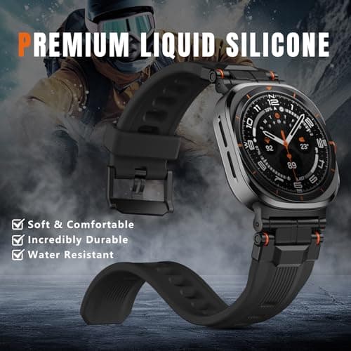 Bandletic Liquid Silicone Bands Compatible with Samsung Galaxy Watch Ultra Band 2025 2024 47mm for Men - Soft Rugged Sport Strap with Stainless Steel Buckle - Black Band with Black Connector - Thumbnail 5