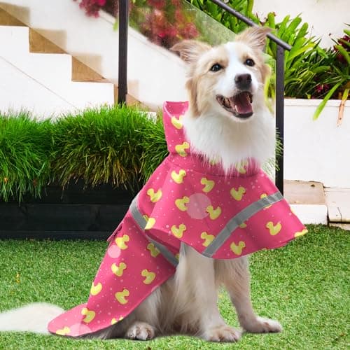 NACOCO Large Dog Raincoat Adjustable - Pet Rubber Ducks Yellow Water Proof Clothes Lightweight Rain Jacket Poncho Hoodies with Strip Reflective Pink (Pink L, Yellow Duck) - Thumbnail 4