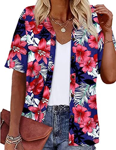 LILYCHIC Womens Hawaiian Shirts Button Down Short Sleeve Casual Floral Tropical Summer Beach Cool Button Up Tops Blue S - Image 1