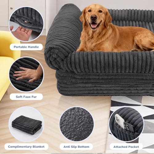 OtterOasis Foldable Human Dog Bed for Adult, Fluffy Faux Angora Human Sized Pet Bed with Blanket, Orthopedic Dog Bed with Egg Foam and Water Repellent Liner (Dark Grey (Foldable), 79" Length) - Thumbnail 6