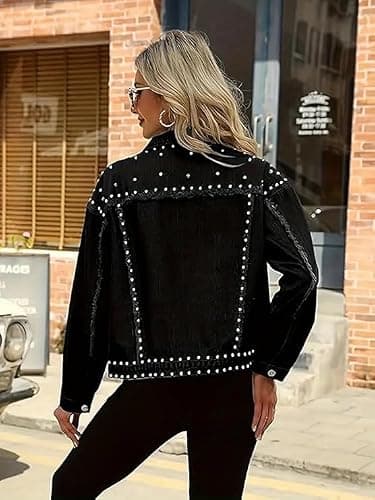 Huang's Women's Embellished Denim Jacket with Shiny Studs Non-Stretch Heavyweight Cotton, Classic Fit, Distressed Detailing Coat (US, Alpha, XX-Large, Regular, Regular, T229) - Thumbnail 4
