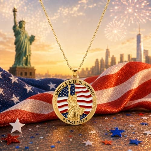 Uloveido United States Patriotic Necklace | 250th Anniversary USA 1776-2026 Pendant | Gold Plated Copper Statue of Liberty & Flag Jewelry | 2mm Stainless Steel O-Chain 45+5cm | Independence Day Gift for Men WomenYA7089 - Thumbnail 6