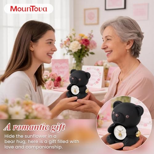 mountova Gift for Her Lucky Bear with Sunflower, Sunflower in Elegant Gift Box with Necklace for Women, Bear Gifts for Mother's Day Valentine's Day Anniversary Weddings Birthday,Christmas, Black - Thumbnail 5