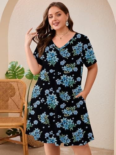 AusLook Plus Size Midi Dress for Women Black Blue Lily Bouquet 4X Short Sleeve Loose V Neck Summer Casual A Line Knee Length Work Outfit T Shirt 2026 Sundresses with Pockets - Thumbnail 2