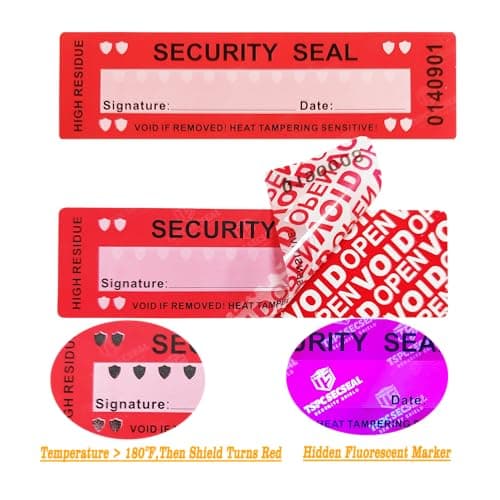 TSPC SECSEAL 100pcs 25x90mm Heat Tampering Fluorescent Mark High Residue Tamper Evident Anti Counterfeit Tamper Proof Stickers Labels Seals (1 x 3.54 Inches, Matte Red, Barcode Serial Number)