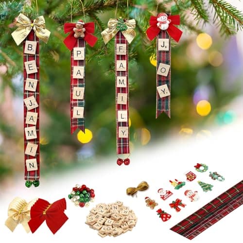Christmas Ornaments Tree Decorations Personalized Crafts for Adults Kit DIY Ribbon Letter Tiles Bells Rustic Stockings Name Tags Hanging Xmas Decor for Gifts Wreath Holiday(Tartan) - Image 1