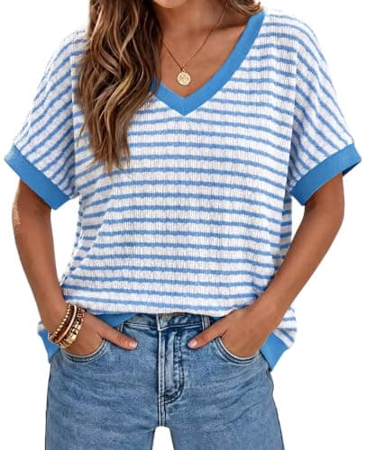 Tankaneo Womens Oversized V Neck Striped Sweaters Cap Short Sleeve Color Block Pullover Tops Trendy Casual Knit Shirts Blue - Image 1