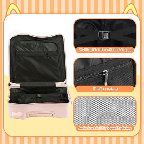 smilesun 20" Ride-On Travel Suitcase for Kids, Cute Ear Toddler Carry on Luggage with Spinner Wheels & Anti-Lose Rope, Children Rolling Trolly Luggage with Password Lock (Pink with Rope) - Thumbnail 5