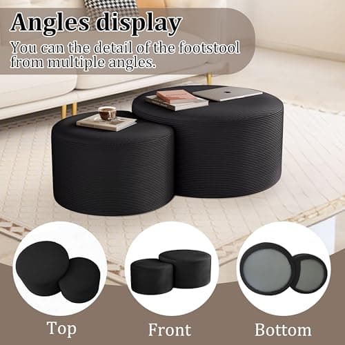 BSHOMGI Nesting Coffee Table Set of 2, Upholstered Round Corduroy Circle Foam Round Side Table for Living Room, Entryway Set, 32"+17" Footrest No Assembly (Black, 32"+17") - Thumbnail 5
