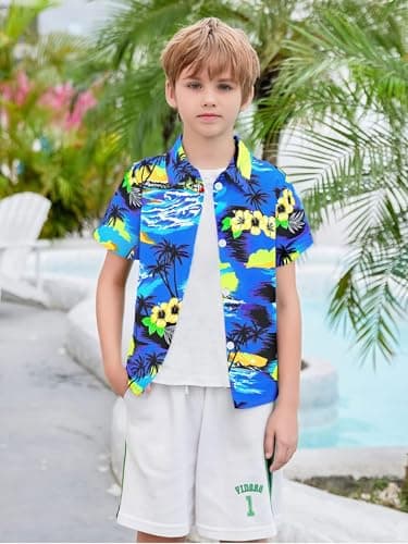 tagyum Boys Hawaiian Shirt 11Y 12Y Short Sleeve Boys Button Down Shirt Beach Casual Summer Print Top T-Shirt for Kids Light Blue - Thumbnail 4