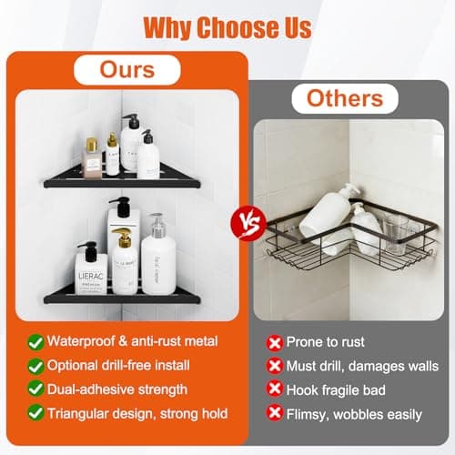 Fikoksol Shower Caddy, 2 Pack Bathroom Corner Shelf, Triangle Shelf Storage for Bathroom Shower, Black Metal Shower Shelf & Rustproof Wall Mounted Adheisve Shower Organizer Accessories and Essentials - Thumbnail 4