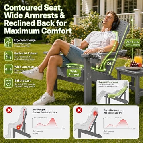Y&M Adirondack Chair, Dark Grey Fire Pit Chairs, Outdoor Patio Chairs with Cup Holder, Weather Resistant HDPE Wooden Textured Patio Chairs, Perfect for Garden, Lawn, Deck, or Poolside - Thumbnail 4