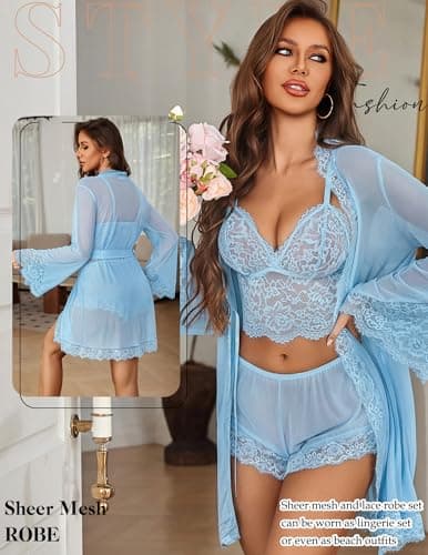 Avidlove Womens Lingerie Set 3 Piece Lace Bralette and Panty Sets With Mesh Short Robe Sleepwear Exotic Nightgown Light Blue - Thumbnail 4