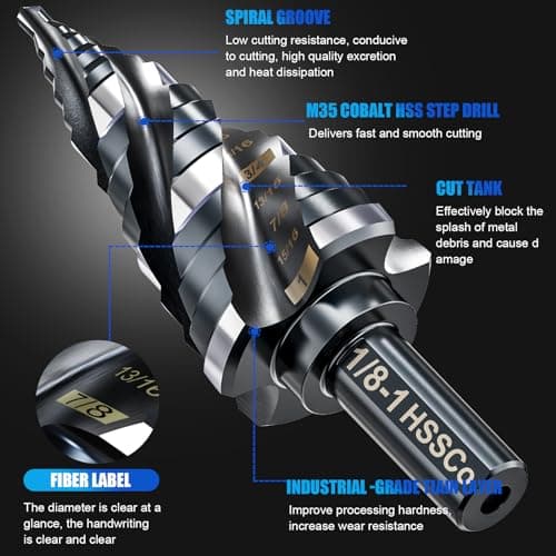 Four Spiral Flute M35 Step Drill Bit Set 1/8"-1"(9 Sizes), 3/8" Shank for Metal Step Drill bit, Impact Resistant Cobalt Step Drill Bit, for Stainless Steel, Wood, Aluminum, Plastic - Thumbnail 3
