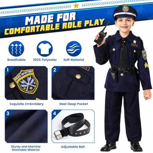 Skirfy 16PCS Police Officer Costume for Boys,Police Costume for Kids,16PCS Cop Toys with Uniform,Boy Toys,Kids Halloween Costumes Role Play Kit(Size M) - Thumbnail 5