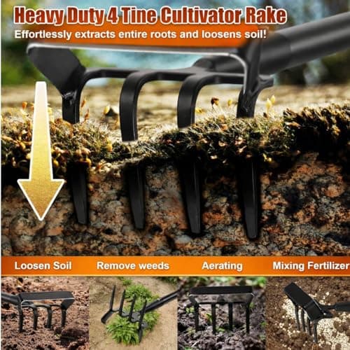 Garden Hoe, 2-in-1 Stirrup Action Hoe with 4-Tine Cultivator Rake, 74 Inch Long Handle Scuffle Weeder Hoe Weeding Tool for Fast Weeding, Soil Loosening, Aerating and Compost Mixing - Thumbnail 4
