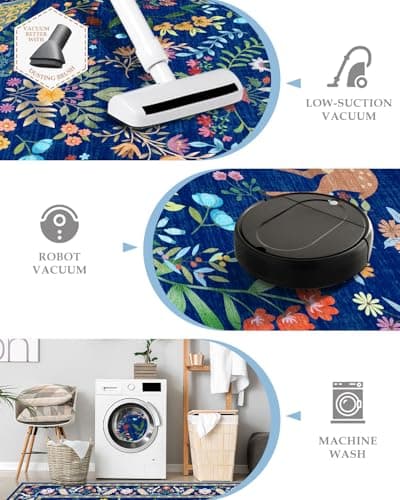 8x10 Blue Farmhouse Rugs for Living Room - Large Unique Washable Area Rug for Bedroom, Dining Room Under Table, Floral & Animal Design, Low Pile Soft Carpet - Thumbnail 6