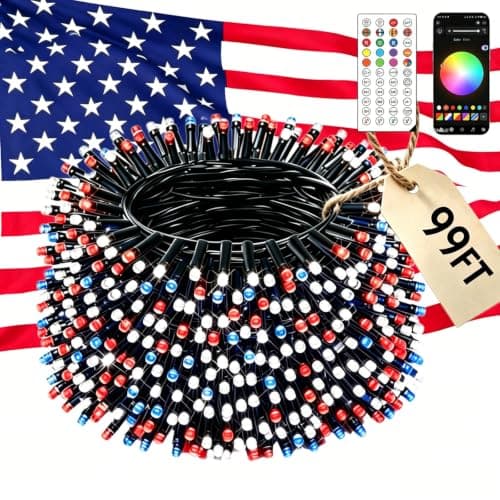 Ecoeve Red White and Blue Lights, 99FT 200 LED 4th of July RGB+IC String Lights Outdoor, Smart App-Controlled 100+ Scene Modes Color Patriotic Light for Indoor Independence Memorial Day Party Holiday