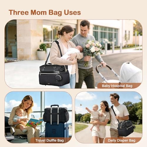 Lekesky Diaper Bag Tote for Mom, 37L Large Diaper Tote Bag, Baby Hospital Bag for Women Labor Delivery, Travel Diaper Bag with Changing Pad, Pacifier Case, Insulated Pockets, Luggage Sleeve, Black - Thumbnail 3