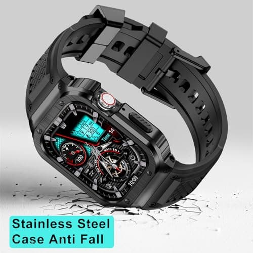 Deczone Band with Stainless Steel Case Compatible with Apple Watch Series SE 3 2 1/6 5 4 44mm, Series 3 2 1 42mm Band, iwatch Bands Rugged Protective Meatl Cover for Men (Black) - Thumbnail 4