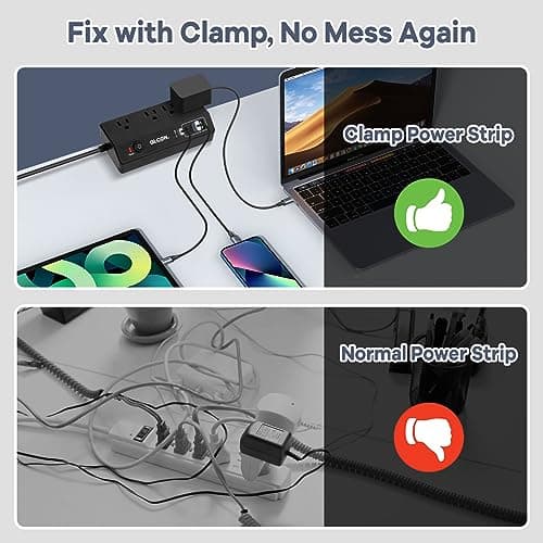 Desk Clamp Power Strip - 20W USB C Fast Charging Station - Desk Power Strip Flat Plug Extension Cord 10FT with 4 USB Ports + 4 Outlets - Desktop Mount Surge Protector - Fit 1.8" Tabletop Edge - Thumbnail 5