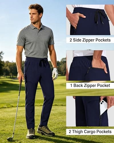AGVNG Mens Hiking Pants Lightweight Quick Dry Waterproof UPF 50+ Work Cargo Pants 5 Pockets Elastic Waist Drawstring Cuff Casual Athletic Golf Travel Jogging Navy Blue L - Thumbnail 5
