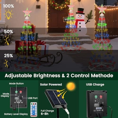IDEAALS 4FT 118LED Outdoor Solar Christmas Cone Tree Lights, 8 Modes Timer Remote RGB Christmas Tree Lights with Star Topper for Xmas Yard Porch Patio Holiday Decor - Thumbnail 3