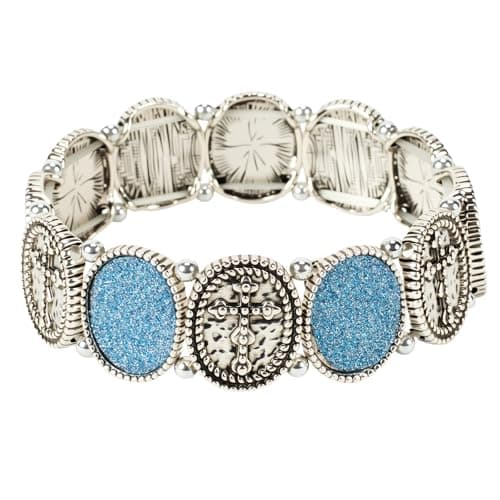 BHDJSHX Vintage Silver Stretch Bracelet with Blue Sparkle Oval Inlay & Cross Detail - Boho Ethnic Chic (silver)