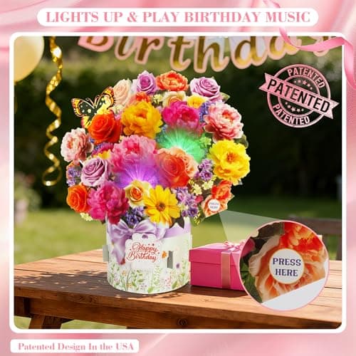 XTF2015 Birthday Cards with MUSIC & LIGHTS, Happy Birthday Card, Peony & Butterfly, 13 Inch Life Sized Forever Flower Bouquet 3D Pop Up Music Cards for Mom Daughter Women Wife - Thumbnail 2