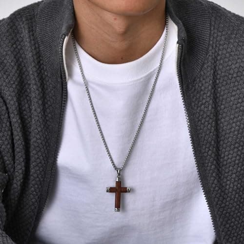 Wooden Cross Necklace for Men-Hawaiian Real Handmade Ebony Wood Cross Pendant Necklace Stainless Steel Chain, Mens Brown Cross Necklaces Koa Wood Jewelry Christian Baptism Crucifix Pendant for Men - Thumbnail 2