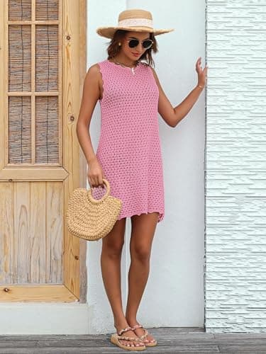 AiMgFUN Women's Crochet Beach Sleeveless Dress Swimwear Bathing Suit Coverup for 2025 Summer Pink Outfit Pink XL - Thumbnail 4