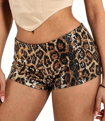 Sequin Shorts for Women Leopard Print Sparkly Low Rise Sexy Hot Booty Shorts for Rave Club Party L