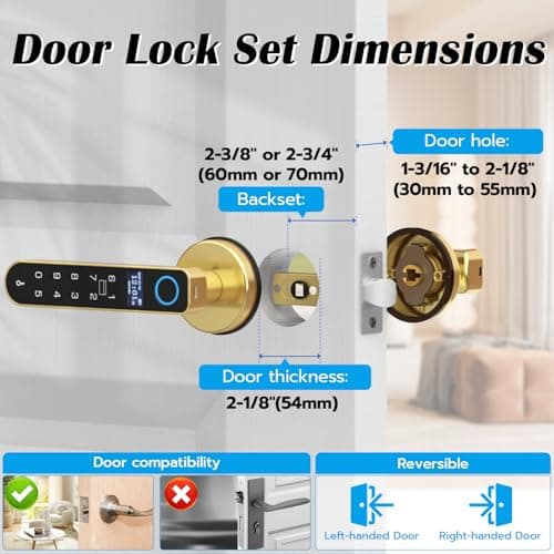 Fingerprint Keyless Entry Bedroom Door Lock with Code RFID Card NFC APP Keypad, Smart Biometric Automatic Interior Door Handle with Lock for Indoor Hotel Pantry Apartment Office Home, Gold - Thumbnail 5