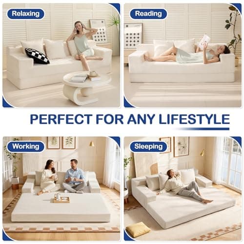 Winzoo 2 in 1 Convertible Boneless Couch Bed, Corduroy futon Sofa Bed, Compression Folding Floor Couch Sofas Bed with 3 Pillows for Bedroom, Small Space Guest and Living Room Sofa (Beige, 78 Inches) - Thumbnail 5