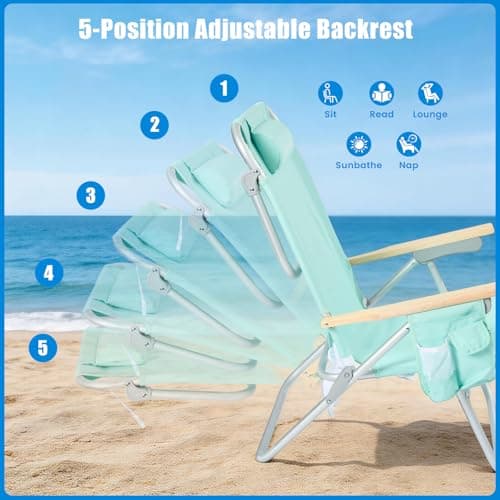 SUNNYFEEL Tall Beach Chair, Reclining Beach Chair with 5-Position, Portable Camping Chair for Adults with Wood Armrest, Lightweight Camping Chair 300 lbs Heavy Duty, Green, 2 Pack - Thumbnail 5