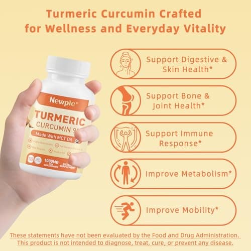 Turmeric Curcumin Supplement with MCT Oil 50mg,120 Capsules 1000mg Turmeric Extract 95% Curcuminoids,Fat Soluble Vitamin C,Bee Propolis, Ginger,Vitamin D3,Zine,Non-GMO, Gluten Free (2) - Thumbnail 5