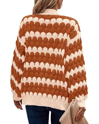 KIRUNDO Womens Sweaters Cardigan Lantern Sleeve Open Front Chunky Cardigan Loose Fashion Color Block Striped Sweater Plus Size Knitwear Halloween Cardigan(Orange, Medium) - Thumbnail 2