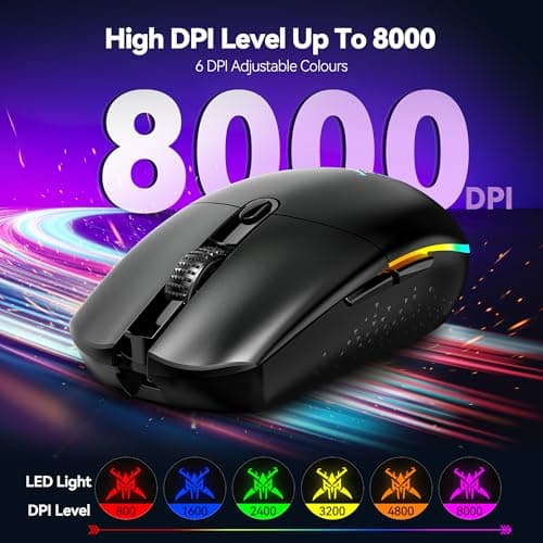 TECKNET Wireless Gaming Mouse Rechargeable - 8000 DPI, Long-Lasting 100Hrs Battery, RGB Backlit, 6 Programmable Buttons, Dual Connectivity (2.4G + USB-C) for PC, Mac, Laptop - Black - Thumbnail 2