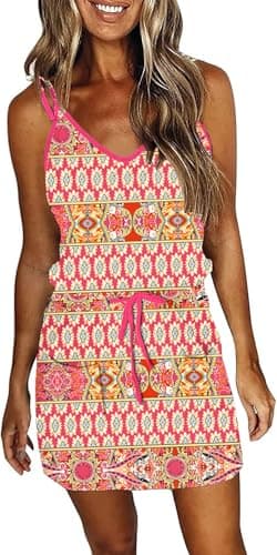 Womens Summer Trendy Striped Dresses Sleeveless Halter Strap Mini Dress with Pockets - Image 1