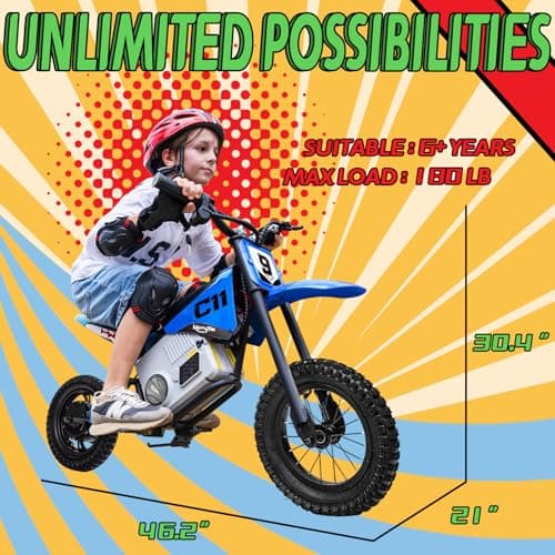 kerry yoo C11 24V 250W Electric Dirt Bike for Kids, Up to 9.3MPH Off-Road Electric Motorcycle with Explosion-Proof Tires, Twist Grip Throttle, Spring Suspension,Kids Ride On Dirtbike - Blue - Thumbnail 6