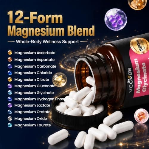 Magnesium Complex, Magnesium Glycinate, Elemental Magnesium Supplement with Taurate, Citrate, Orotate & Aspartate, Supports Muscle Relaxation, Heart Health, Sleep & Energy | Vegan (500mg) - Thumbnail 3