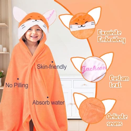 Individz Custom Hooded Bath Towel with Name, Personalized Absorbent Bunny Baby Towels, Soft Shower Towels for Girls Boys, Easter Brithday Gifts for Baby, Toddler, Newborn, Kids (Orange-Fox) - Thumbnail 4